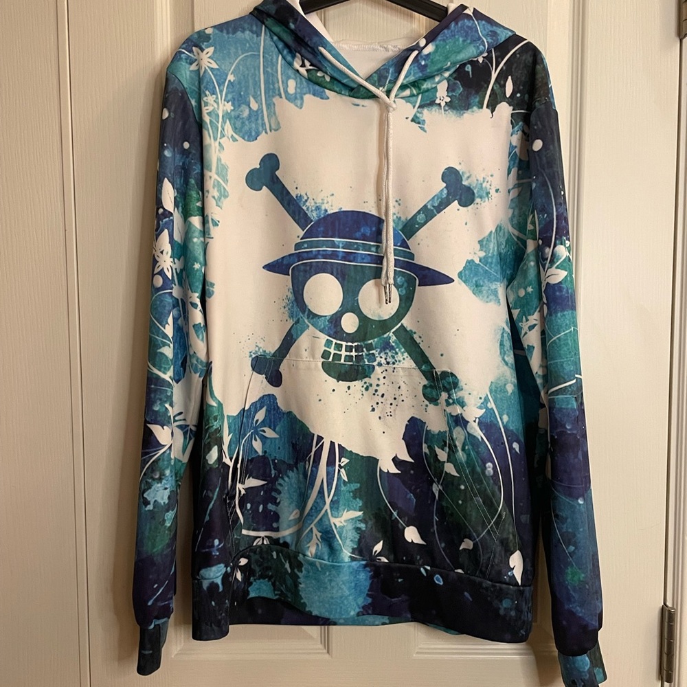 Graphic Skull Hoodie in Blue and White
